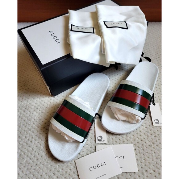 NIB GUCCI Pursuit Stripes Pool Slides Mens White Gucci Web, Gucci Size US 10 - Picture 1 of 9